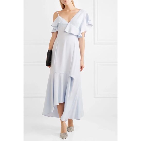 Adeam Asymmetric Ruffled Crepe Midi Dress  in Sky Blue - Picture 1 of 10